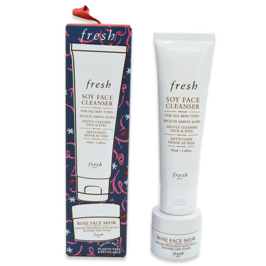 Fresh Cleanse & Mask Duo Value Travel Size Gift Set:: Soy Makeup Removing Face Wash and Rose Face Mask - Hydrating Skin Care Kit for Dry, Dull Skin, and Uneven Texture