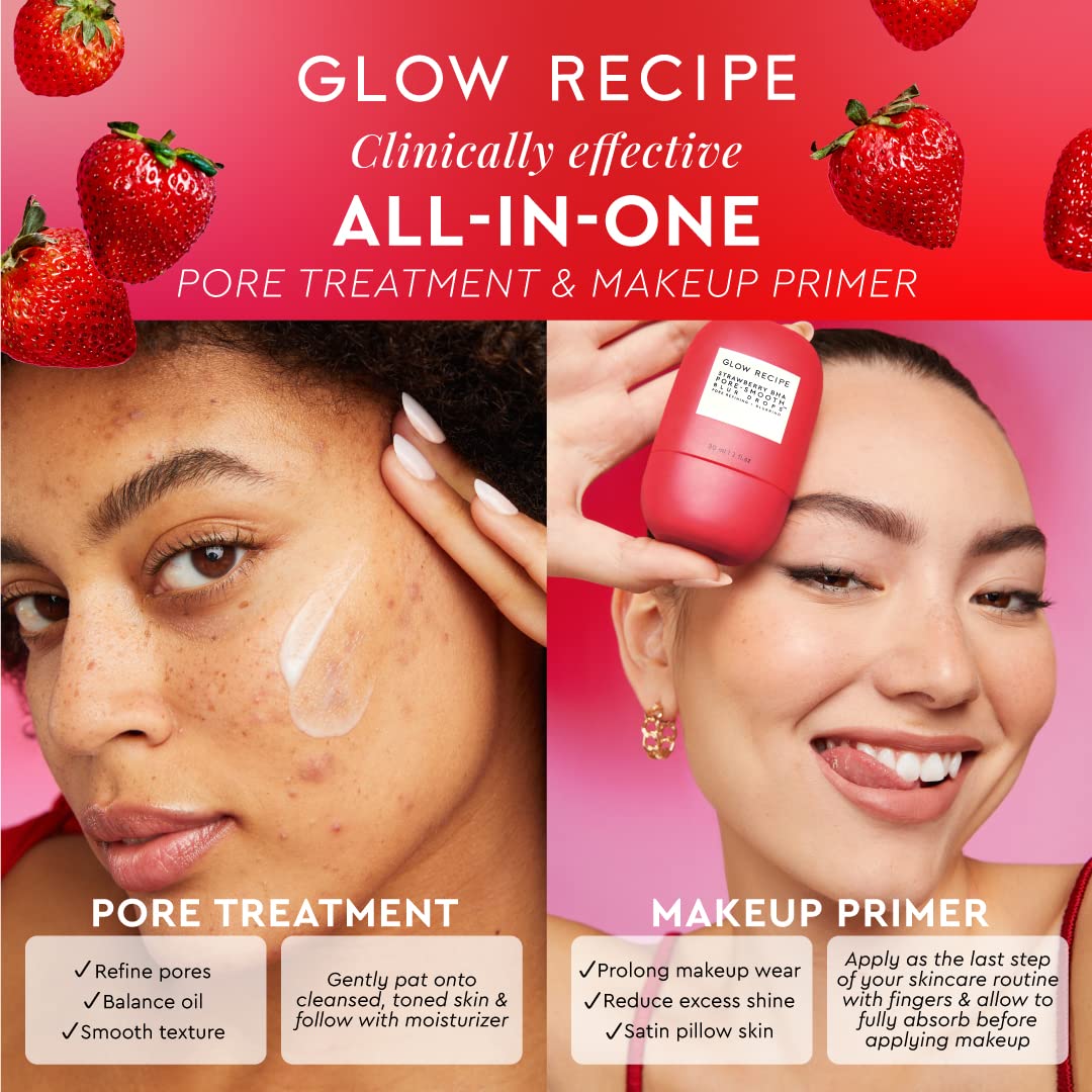 Glow Recipe Strawberry BHA Pore-Smooth Blur Drops - Silicone-Free, Oil-Free - BHA Primer Face Makeup Pore Minimizer - Antioxidant Face Serum for Women - Pore Reducer for Hydrating, Glowing Skin (30ml)