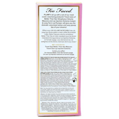 Too Faced Voluptuous Lashes & Plump Lips Mascara & Lip Duo Mini Makeup Gift Travel Size Set:: Better Than Sex Mascara for Volumizing Lashes, Lip Injection Extreme Lip Gloss Plumper