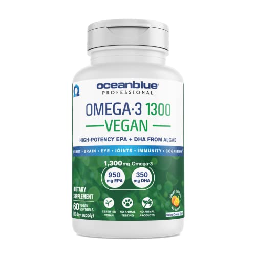 Oceanblue Vegan Omega-3 1300 - 60 ct - Triple Strength Vegan Omega-3 Supplement - Vegan Algae Oil - Plant-Based EPA & DHA - 30 Servings