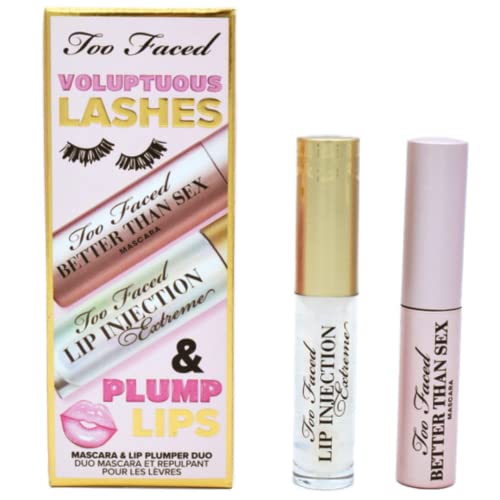 Too Faced Voluptuous Lashes & Plump Lips Mascara & Lip Duo Mini Makeup Gift Travel Size Set:: Better Than Sex Mascara for Volumizing Lashes, Lip Injection Extreme Lip Gloss Plumper