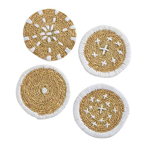 Bloomingville Round Hand-Embroidered Seagrass, White Woven Coasters