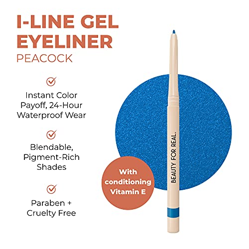 Beauty For Real I-Line 24-7 Eyeliner, Peacock - Rich, Brilliant Blue - Long-Wearing, Waterproof Gel Formula - Safe for Sensitive Eyes & Contact Lens Wearers - 0.01 oz