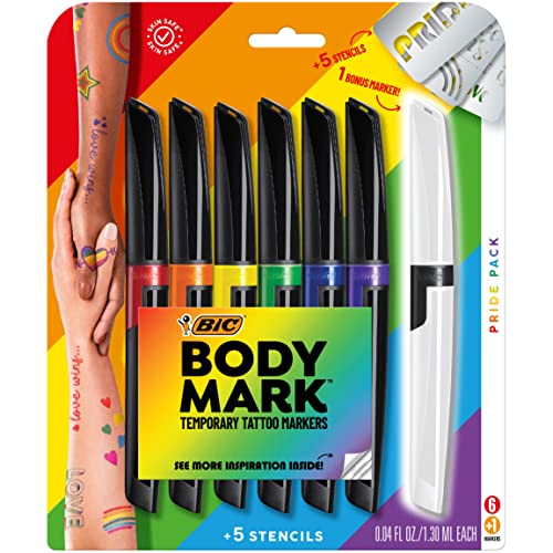 BodyMark by BIC, Temporary Tattoo Marker, Pride Pack, Skin-Safe, Mixed Brush Tip & Fine Tip, Assorted Colors