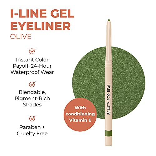 Beauty For Real I-Line 24-7 Eyeliner, Olive - Warm Olive Green with Gold Shimmer - Long-Wearing, Waterproof Gel Formula - Safe for Sensitive Eyes & Contact Lens Wearers - 0.01 oz