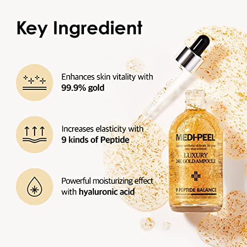 MEDI-PEEL Pure Gold 24K Ampoule 3.38 fl.oz / 100ml | 99.9% 24K Pure Gold All in One Ampoule, 5 Revitalizing Extracts To Minimize Moisture Loss, Brightens | Korean Skincare, For All Skin Types