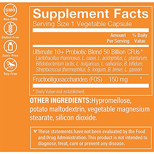 Ultimate 10+ Probiotics, 50 Billion CFUs for Digestive Health, Immune Support and Respiratory Health (60 Vegetable Capsules) by the Vitamin Shoppe